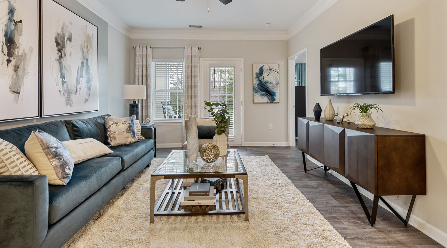 Tranquility, Peace, Luck & Your New Home ceiling fan and light fixture in living room